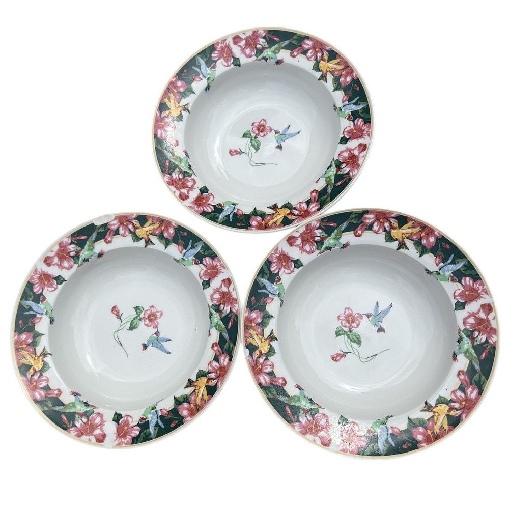 Set of‎ 3 Tienshan Stoneware Hummingbird Floral Soup Cereal Bowls Dinnerware